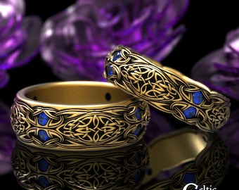 Matching Sapphire Celtic Ring Set, Gold Matching Irish Wedding Bands, Matching Celtic Gold Rings, His Hers Celtic Rings, Platinum, 1468 1804