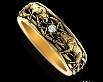 Mens Gold Wolf Ring, Moissanite Celtic Wolf Wedding Band, 14K Scottish Wolves, 10K White Gold Groom Viking, Platinum Welsh Knotwork, 4747