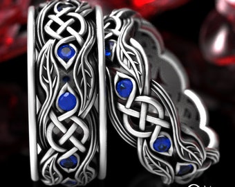 Sapphire Celtic Botanical Wedding Band, Matching Silver Leaves Ring Set, His Hers Handfasting, Scottish Nature Wedding Rings, 1964 1963