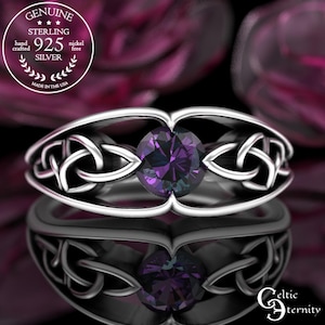 Classic Irish Alexandrite Engagement Ring, Sterling Silver Womens Knotwork Wedding Ring, Alexandrite Solitaire Ring, Trinity Knot Ring, 1048