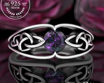 Classic Irish Alexandrite Engagement Ring, Sterling Silver Womens Knotwork Wedding Ring, Alexandrite Solitaire Ring, Trinity Knot Ring, 1048