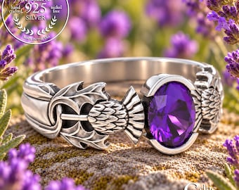 Sterling Oval Amethyst Thistle Engagement Ring, Silver Celtic Bridal Ring, Irish Bezel Wedding Ring, 1777