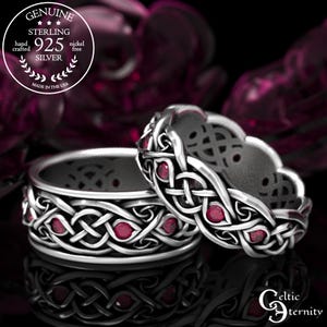 Infinity Wedding Ring Set, Matching Ruby Wedding Rings, Sterling Silver Wedding Bands, Celtic Wedding Rings, Ruby Ring Set, 1096 1052