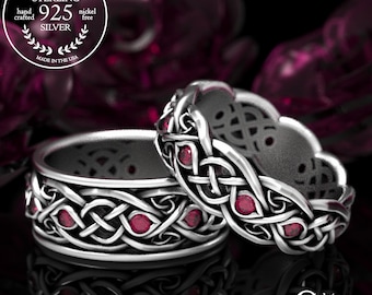 Infinity Wedding Ring Set, Matching Ruby Wedding Rings, Sterling Silver Wedding Bands, Celtic Wedding Rings, Ruby Ring Set, 1096 1052