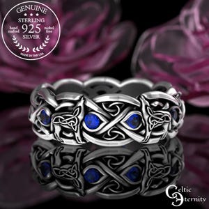 Sterling Bridal Wolf Wedding Band, Sapphire Two Wolves Eternity Band, Womans Celtic Wolf Jewelry, Emerald Amethyst Irish Wedding Ring, 1267