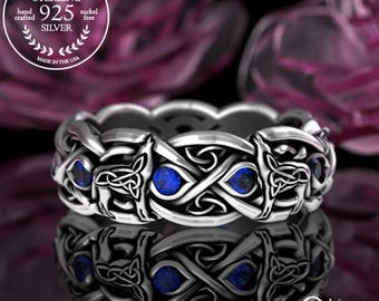 Sterling Bridal Wolf Wedding Band, Sapphire Two Wolves Eternity Band, Womans Celtic Wolf Jewelry, Emerald Amethyst Irish Wedding Ring, 1267