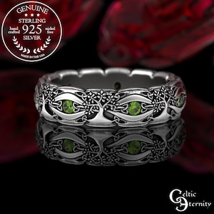 Peridot Tree of Life Ring, Sterling Celtic Tree Wedding Band, Womens Kabbalah Ring, Bridal Silver Nature Ring, Botanical Irish Trinity, 3191