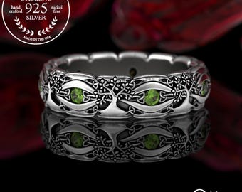 Peridot Tree of Life Ring, Sterling Celtic Tree Wedding Band, Womens Kabbalah Ring, Bridal Silver Nature Ring, Botanical Irish Trinity, 3191