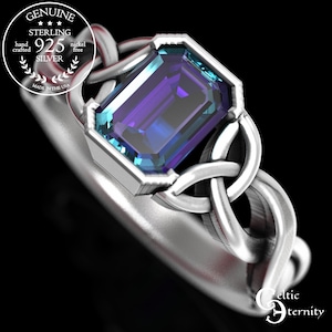 Alexandrite Engagement Ring, Emerald Cut Ring, Sterling Silver Celtic Ring, Celtic Engagement Ring, Alexandrite Solitaire Ring, 401