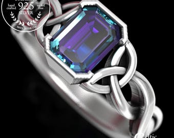 Alexandrite Engagement Ring, Emerald Cut Ring, Sterling Silver Celtic Ring, Celtic Engagement Ring, Alexandrite Solitaire Ring, 401