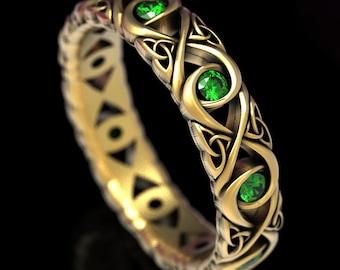 Celtic Gold Wedding Ring With Emeralds, Infinity Knot Wedding Ring, Infinity Knot Ring With Emerald, Celtic Wedding Ring, Gold Platinum 1409
