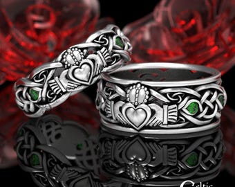 His Hers Sterling Claddagh Ring Set with Emeralds, Celtic Bride Groom Wedding Ring Set, Matching Emerald Irish Knotwork Set, 1684 1688
