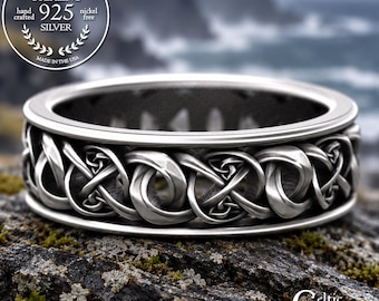 Trinity As Above So Below Ring, Silver Infinity Wedding Band for Men, Sterling Irish Woven Pattern Ring, Scottish Groom Wedding Ring, 1989