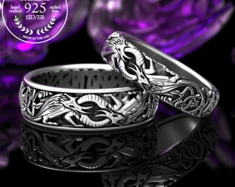 Sterling Silver Dragon Wedding Ring Set, Matching Dragon Wedding Rings, Silver Celtic Matching Wedding Bands, Celtic Dragon Rings, 1380 1803