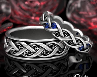 His Hers Sapphire & Silver Celtic Wedding Band Set, Modern Wedding Bands, Matching Wedding Rings, Eternity Infinity Ring, 1418 + 1419