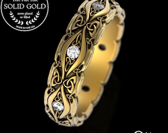 Gold & Moissanite Bridal Trinity Knot Wedding Ring, 10K 14K White Rose Gold Womens Celtic Knotwork Band, Platinum Irish Trinity Ring, 3188