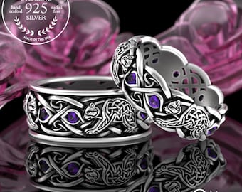 Matching Amethyst Norse Wedding Ring Set, Sterling Silver His Hers Wedding Bands, Viking Bear Rings, Nordic Bear Silver Ring Set, 3095 1682