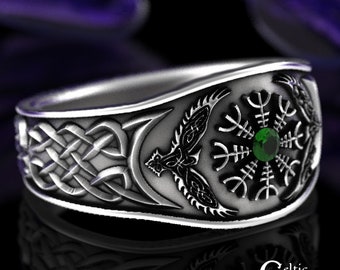 Viking Helm of Awe Ring, Sterling Viking Ring, Mens Emerald Ring, Viking Ring, Raven Ring, Viking Wedding Band, Emerald Raven Ring, 3019