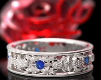 Platinum Thistle Ring With Sapphires Scottish Ring, Unique Rings for Her, Botanical Jewelry, Handcrafted Rings, 1769