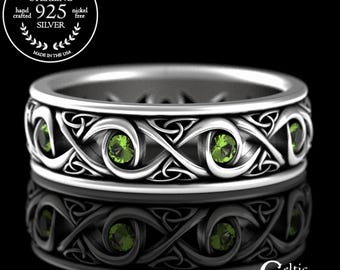 Mens Peridot Ring, Sterling Mens Celtic Ring, Mens Peridot Wedding, Peridot Scottish Ring, Peridot Infinity Ring, Silver Peridot Ring, 1410