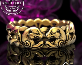 Women's Gold Otters Wedding Band, 18K Water Spirit Animal Ring, 14K Ocean Wedding Ring, 10K Scottish Wedding Ring, Platinum Otter Ring, 2176