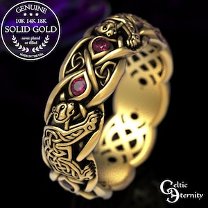 Gold Bear Ring, Ruby Gold Celtic Ring, White Gold Bear Ring, Platinum Bear Ring, Celtic Bear Ring, Bear Wedding Band, Ruby Bear Ring, 1682