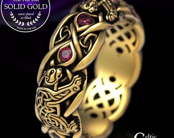 Gold Bear Ring, Ruby Gold Celtic Ring, White Gold Bear Ring, Platinum Bear Ring, Celtic Bear Ring, Bear Wedding Band, Ruby Bear Ring, 1682