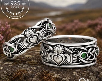 His Hers Sterling Claddagh Ring Set with Emeralds, Celtic Bride Groom Wedding Ring Set, Matching Emerald Irish Knotwork Set, 1684 1688