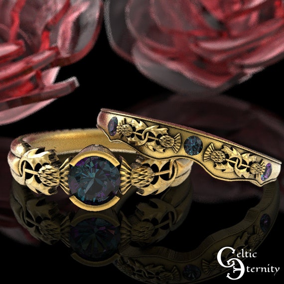 14K Alexandrite Thistle Engagement Ring Set, Gold Scottish Engagement Ring, 10K Gold Thistle Rings, Gold Alexandrite Engagement Ring 1774/75