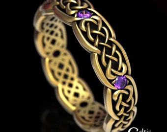 Amethyst Knotwork Ring, Womens Celtic Wedding Band, Gold & Amethyst Wedding Ring, Womans Purple Ring, Celtic Gold Wedding Ring, 1582