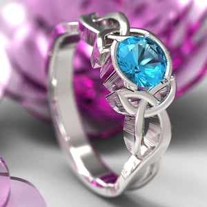 Celtic Aqua Topaz Ring With Trinity Knot Design in Sterling Silver, Made in Your Size 405