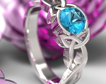 Celtic Aqua Topaz Ring With Trinity Knot Design in Sterling Silver, Made in Your Size 405