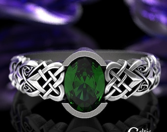 Emerald Celtic Engagement Ring, Sterling Celtic Bridal Ring, Emerald Celtic Wedding Ring, Emerald Solitaire Ring, Emerald Irish Ring, 3017