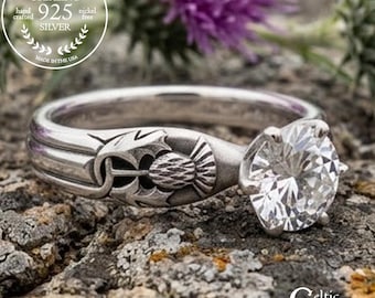 Thistle Engagement Ring, Scottish Engagement Ring, Sterling Moissanite Thistle Ring, Thistle Solitaire Ring, Irish Thistle Engagement, 1894