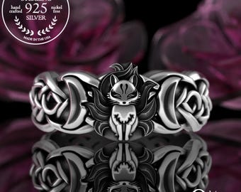 Nine Tailed Fox & Crescent Moons Ring, Sterling Kitsune Wedding Ring, Japanese Fox Wedding Band, Silver Celtic Moon Fox Woven Ring, 3194