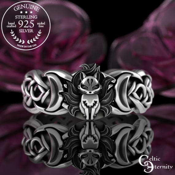 Nine Tailed Fox & Crescent Moons Ring, Sterling Kitsune Wedding