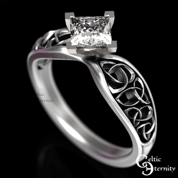 CZ Engagement Rings Elegant Sterling Silver Celtic Trinity Knot Princess Cut