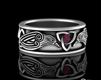 Ruby Warrior Norse Ring, Sterling Silver Raven Viking Wedding Band, Mens Bird Nordic Ring, Ruby Celtic Knot Raven Bird Wedding Ring, 3175