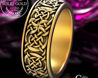 Gold or Platinum Men's Viking Wedding Band, 14K Yellow Gold Norse Groom Ring, Scottish Knotwork Anniversary Jewelry, 2145