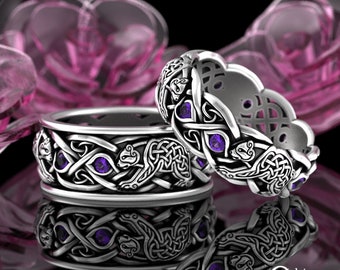 Matching Amethyst Norse Wedding Ring Set, Sterling Silver His Hers Wedding Bands, Viking Bear Rings, Nordic Bear Silver Ring Set, 3095 1682