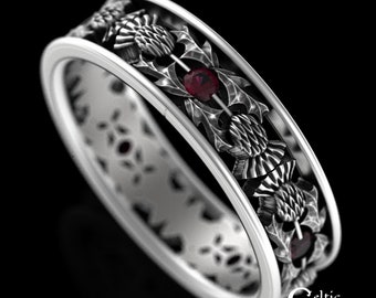 Womens Ruby Thistle Ring, Sterling Silver Ruby Scottish Ring, Ruby Scottish Ring, Ruby Thistle Ring, Handmade Silver Wedding Ring, 1769