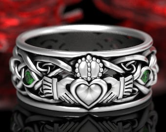 Mens Sterling Silver Celtic Claddagh Ring with Emeralds, Modern Claddagh Wedding Ring, Trinity Knot Silver Heart Ring, Irish Love Ring 1688