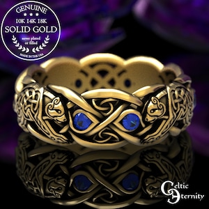 Sapphire Celtic Bear Ring, Gold Bear Ring, White Gold Bear Ring, Platinum Bear Ring, Celtic Bear Ring, Bear Wedding Band, Bear Ring, 1682