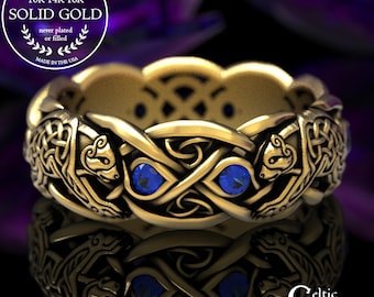Sapphire Celtic Bear Ring, Gold Bear Ring, White Gold Bear Ring, Platinum Bear Ring, Celtic Bear Ring, Bear Wedding Band, Bear Ring, 1682
