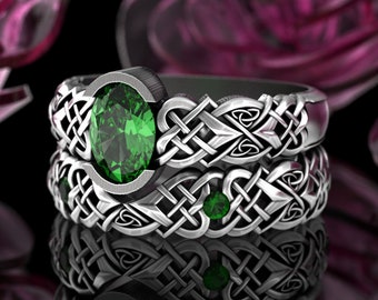 Celtic Emerald Bridal Ring Set, Sterling Matching Pair Wedding Band, Silver Irish Engagement Ring Set, Womens Heart Knotwork Ring, 3018 3017