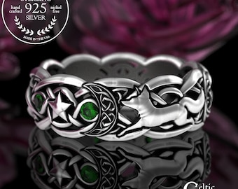 Emerald Foxy Lady Ring, Sterling Magic Moons Ring, Celestial Stars Wedding Ring, Silver Witchy Spellwork Ring, Emerald Goddess Ring, 3279