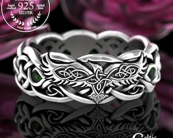 Sterling Emerald Raven Wedding Ring, Womens Viking Ring, Viking Raven Ring, Womens Raven Wedding Band, Celtic Raven Wedding Ring, 4728