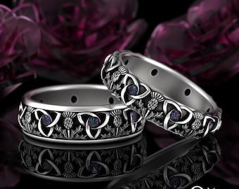 Alexandrite Matching Thistle Rings, Sterling Scottish Thistle Ring Set, Silver Irish His Hers Wedding Bands, Celtic Handfasting, 4814 4813