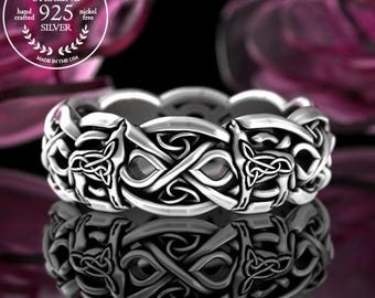 Nordic Wolf Ring, Womens Wolf Wedding Ring, Sterling Silver Norse Wolf Wedding Band, Celtic Wolves Silver Ring, Infinity Wolf Ring, 4267