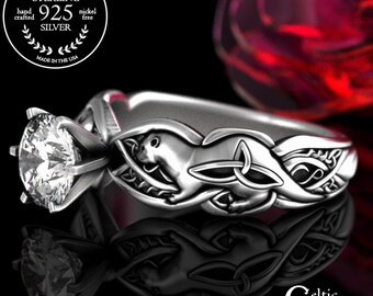 Sterling Silver River Otter Solitaire Engagement Ring, Gemstone Otterkin Ring, Celtic Water Weasel Proposal Ring, Animal of Lir Band, 3060